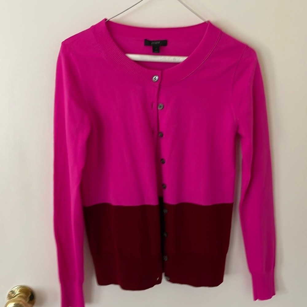 JCrew merino wool, Hot Pink and Burgundy colorblock cardigan